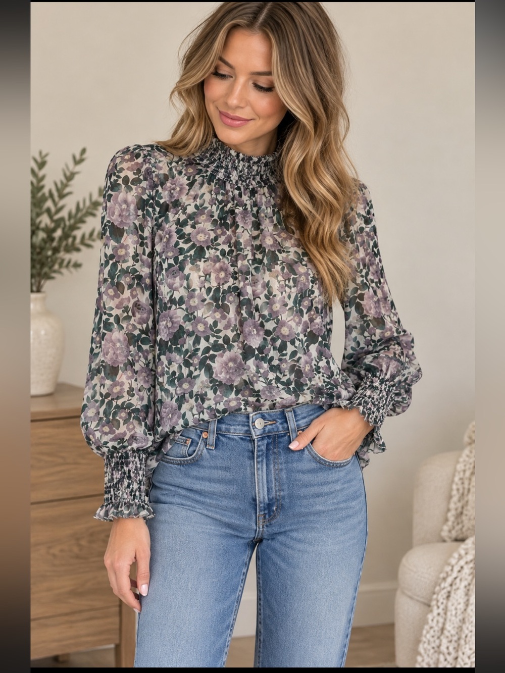 Wilfred Aritzia Valencia Floral Blouse Smocked Neck Ruffle Cuffs XS NWT